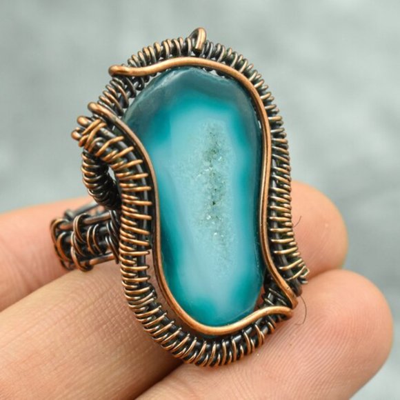 Green Agate Druzy Ring Size 9 Copper Wire Wrapped Gemstone Ring - Picture 1 of 4